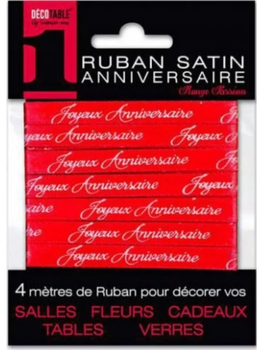 4m Ruban satiné 10mm -Joyeux Anniversaire- rouge Rubans & Noeuds