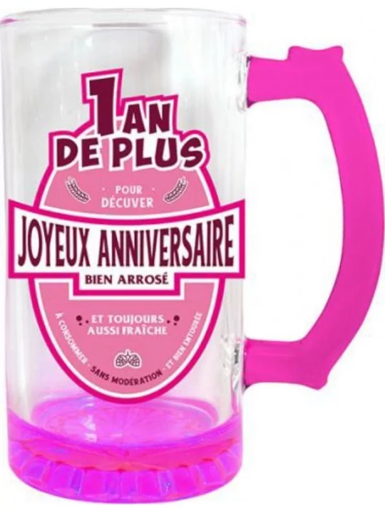 Chope de Bière en Verre 5dl -Joyeux Anniversaire- Rose Articles de fêtes