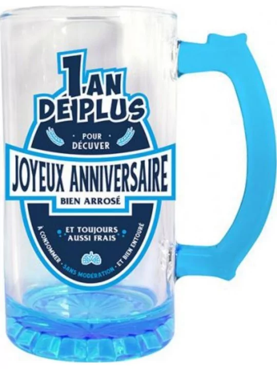 Chope de Bière en Verre 5dl -Joyeux Anniversaire- bleu Articles de fêtes