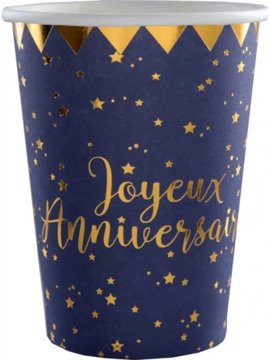 10metallisierte -Joyeux Anniversaire- -Becher 9cm Blau Geschirr und Servietten