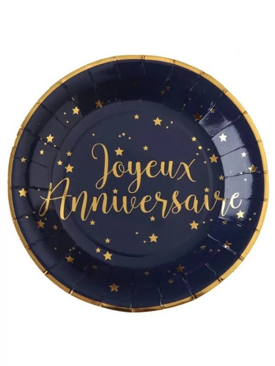 10 Teller -Joyeux Anniversaire- Metallic 23cm blau Gedeckter Tisch