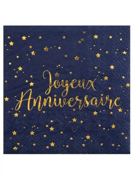 20 Servietten -Joyeux Anniversaire- Metallic 12cm blau Gedeckter Tisch