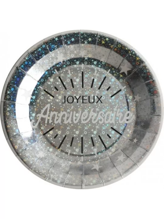 10 Assiettes Anniversaire holographique 22cm Argent Art de la table