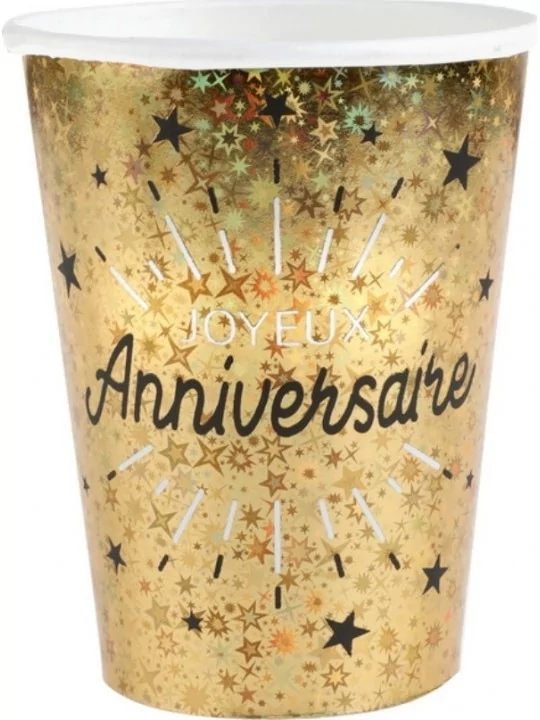 10 Becher Holographischer Geburtstag 27cl Gold Geschirr und Servietten