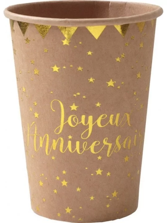 10 Becher -Joyeux Anniversaire- 27cl Kraft Geschirr und Servietten