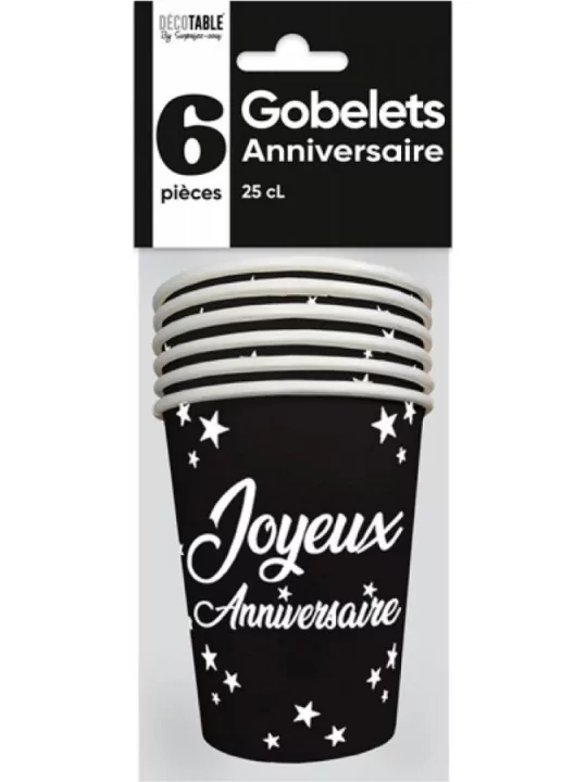 6 Gobelets carton 25cl -Joyeux Anniversaire- noir Art de la table