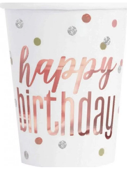 5 Pappbecher -Happy Birthday- Goldrosa Glitter Gedeckter Tisch