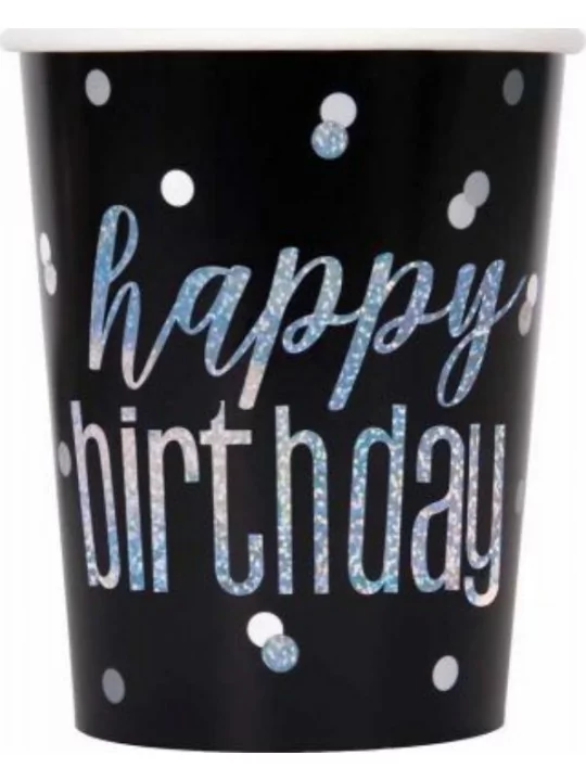 5 Pappbecher -Happy Birthday- schwarz Glitter Geschirr und Servietten