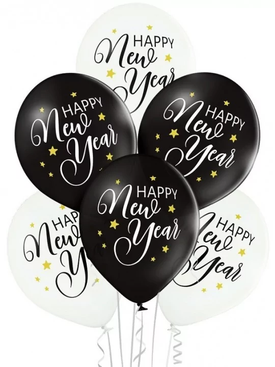 6 Ballons Ø 30cm Happy New Year weiss-schwarz Latex Ballons