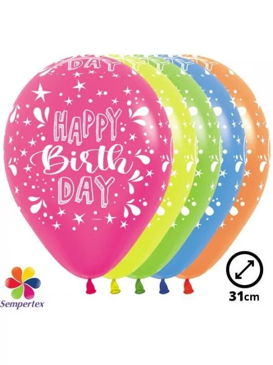 12 Ballons Sempertex Ø 30cm Néon -Happy Birthday- Splash Ballons Motifs & Message