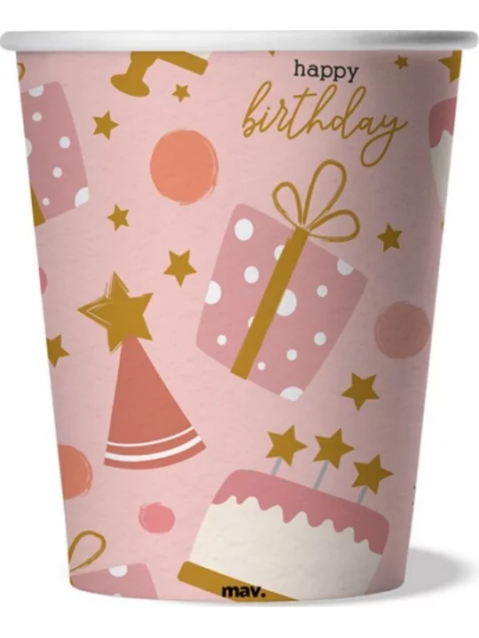 8 Pappbecher 25cl -Happy Birthday- Pink Confetti Geschirr und Servietten