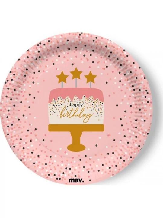 8 Pappteller -Happy Birthday- Pink Confetti Gedeckter Tisch