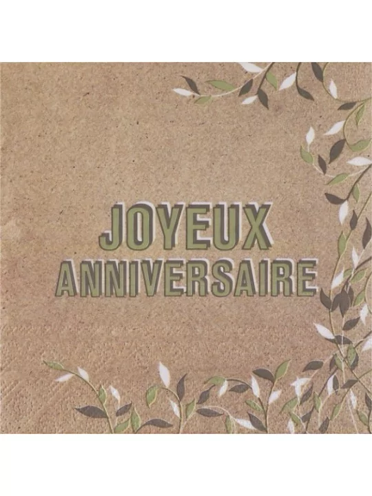 20 Servietten -Joyeux Anniversaire- pflanzlich 33cm Kraft Geschirr und Servietten