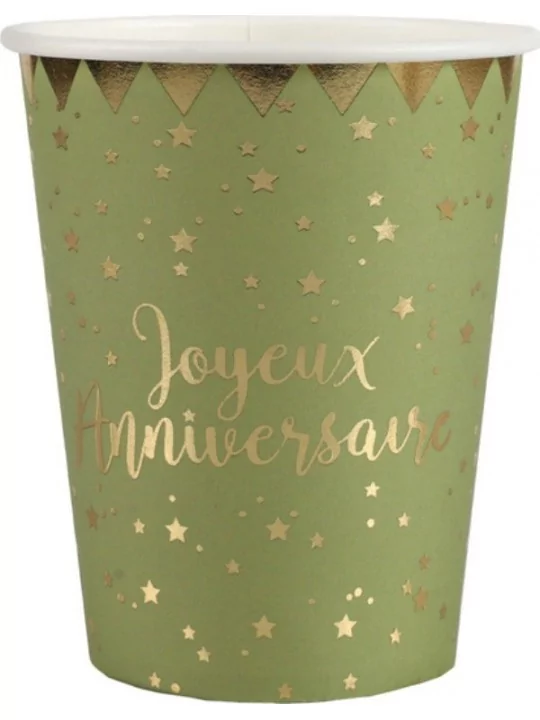 10 Becher -Joyeux Anniversaire- 27cl Grün Geschirr und Servietten