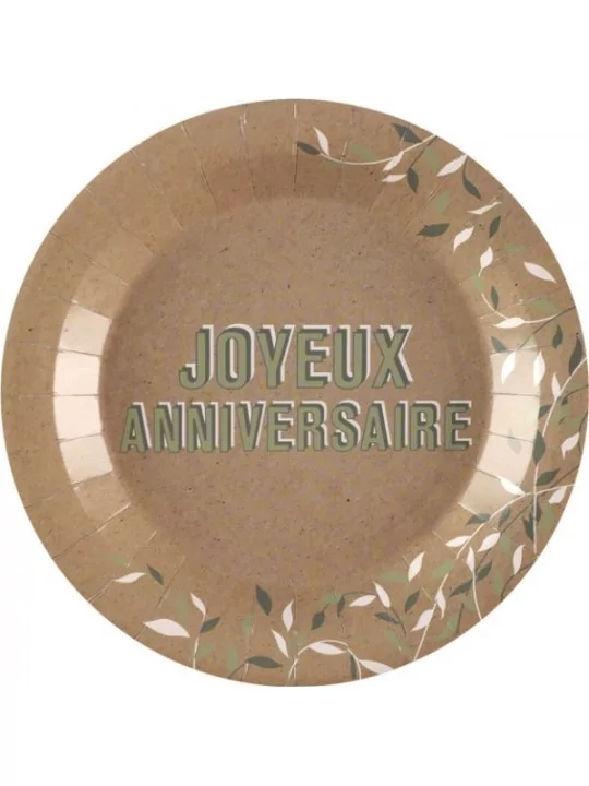 10 Teller -Joyeux Anniversaire- pflanzlich 22cm Kraft Gedeckter Tisch