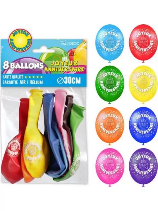 Sachet 8 Ballons -Joyeux Anniversaire- Ballons latex