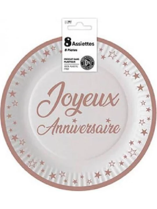 8 Assiettes 18cm -Joyeux Anniversaire- Rose Gold Art de la table