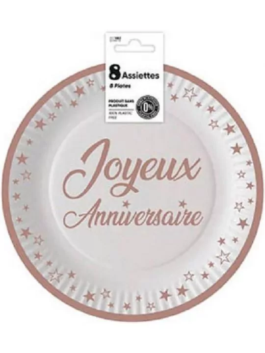 8 Assiettes 23cm -Joyeux Anniversaire- Rose Gold Art de la table