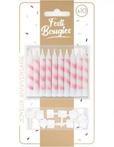 10 Bougies Anniversaire 6cm rose rayé Bougies Gâteaux