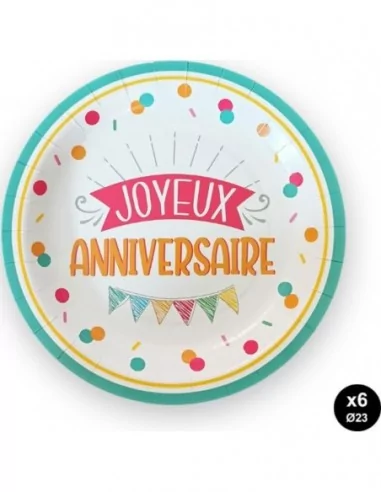 6 Assiettes -Joyeux Anniversaire- 23cm Art de la table