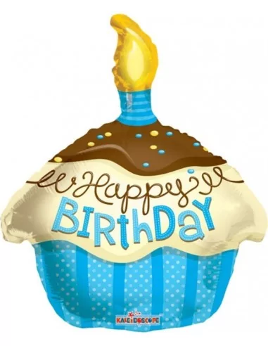 Ballon alu -Happy Birthday- Cupcake bleu 38cm