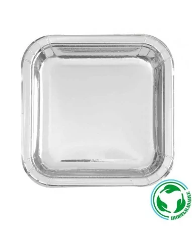 10 Assiettes carrées biodégradable argent 20cm