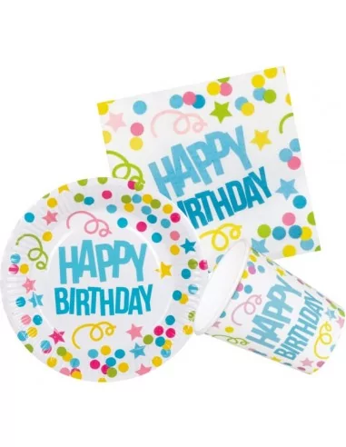 Kit de table -Happy Birthday- 6 assiettes, 6 Gobelets et 12