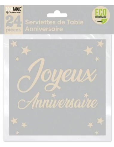 24 Serviettes 33cm -Joyeux Anniversaire- gris