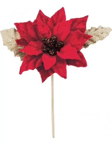 Poinsettia rouge sur tige feuilles dorees 6x9cm