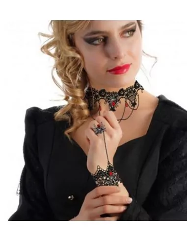 Set Halsband + Armband mit Spinnenring Schwarz/Rot