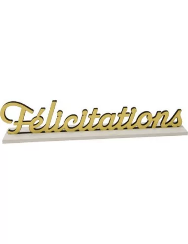 Script -Felicitations- aus Holz in Goldoptik auf Sockel 23cm