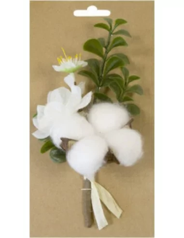 Bouquet de Coton, Cerisier et Buis 16cm blanc