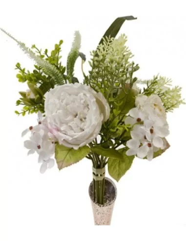 Bouquet de Roses Ouvertes, Fleurettes, Feuillages 53cm blanc