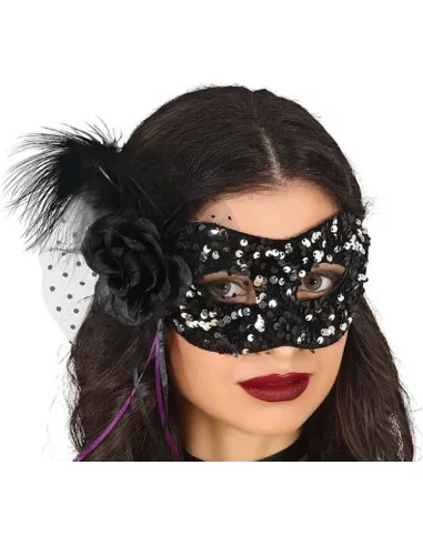 Masque à sequins noir/argenté avec fleur