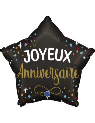 Ballon alu étoile -Joyeux Anniversaire- noir 42cm