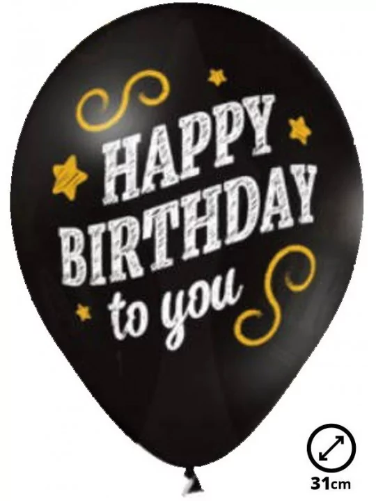 6 Ballons Ø 30cm schwarz -Happy Birthday- Motivballons