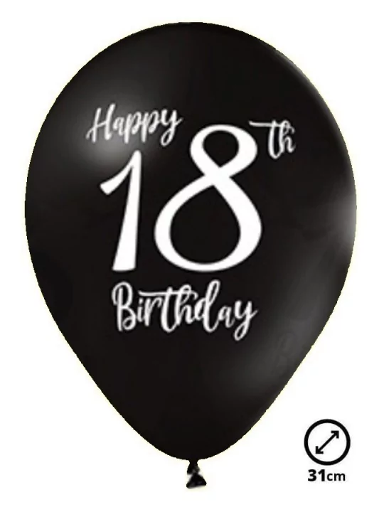 6 Ballons Ø 30cm weiss/schwarz -Happy Birthday -18- Latex Ballons